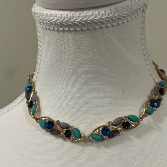 Gold Tone Faux Turquoise Multi Gemstone Rhinestone 14 Inch Choker Necklace - Picture 2 of 10